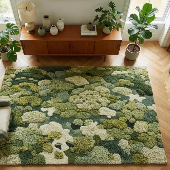 Forest Canopy Tufted Moss Rug, Handmade Green Textured Wool Area Carpet