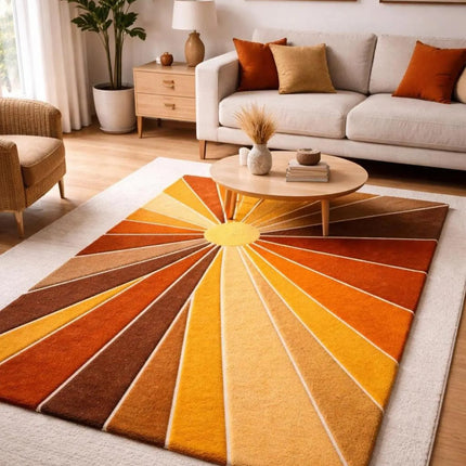 Mid Century Sunburst Area Rug, Hand Tufted Wool Abstract Retro Rug