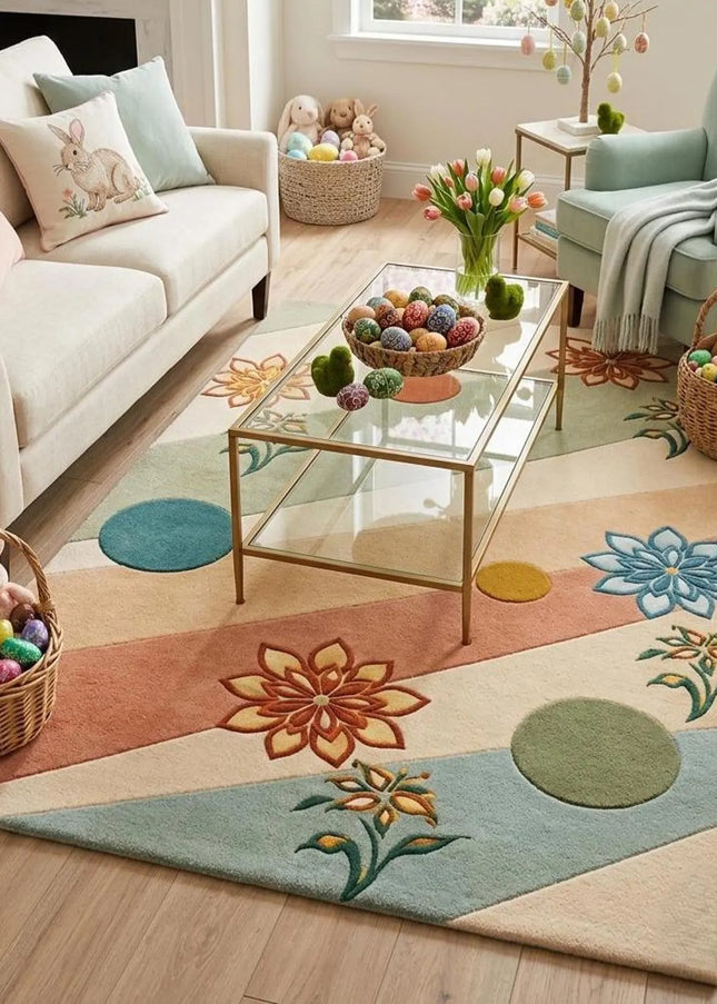 Modern Floral Geometric Hand-Tufted Wool Rug, Multicolor Abstract Designer Area Carpet
