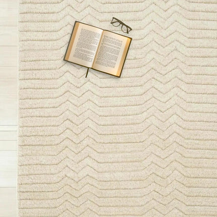 Hand Tufted Wool Rug: Beige Zigzag High-Low Pile, 8x10 Area Rug