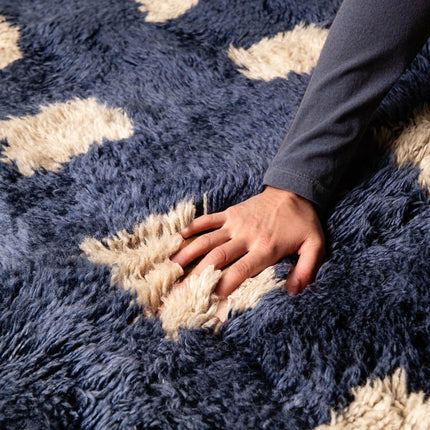 Handwoven Navy & Cream Wool Shag Rug  Ultra Soft Modern Luxury Area Carpet