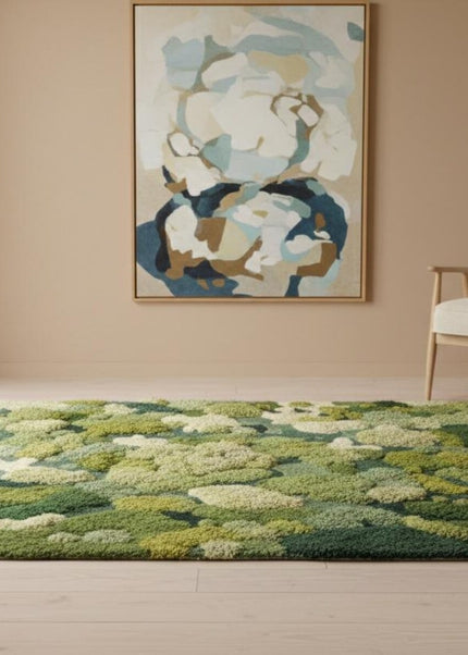 Forest Canopy Tufted Moss Rug, Handmade Green Textured Wool Area Carpet