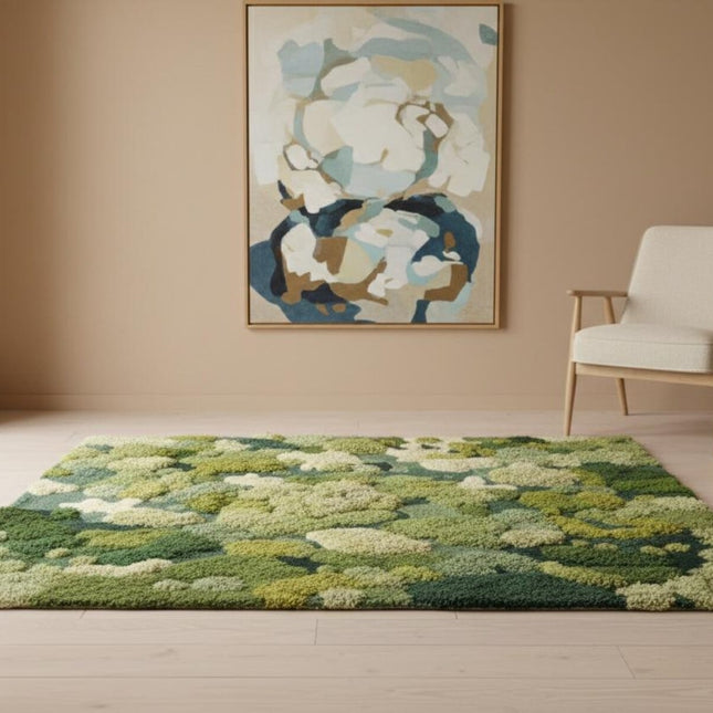 Forest Canopy Tufted Moss Rug, Handmade Green Textured Wool Area Carpet