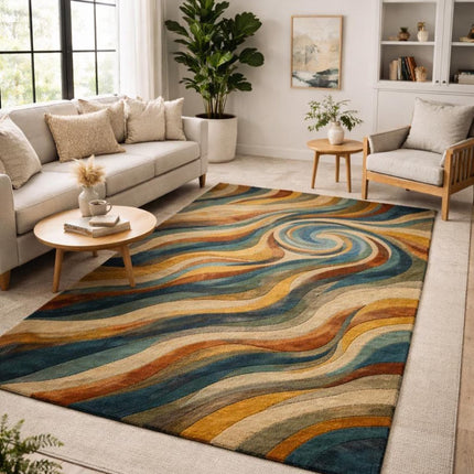 Abstract Swirl Hand-Tufted Wool Rug, Multicolor Modern Designer Area Carpet