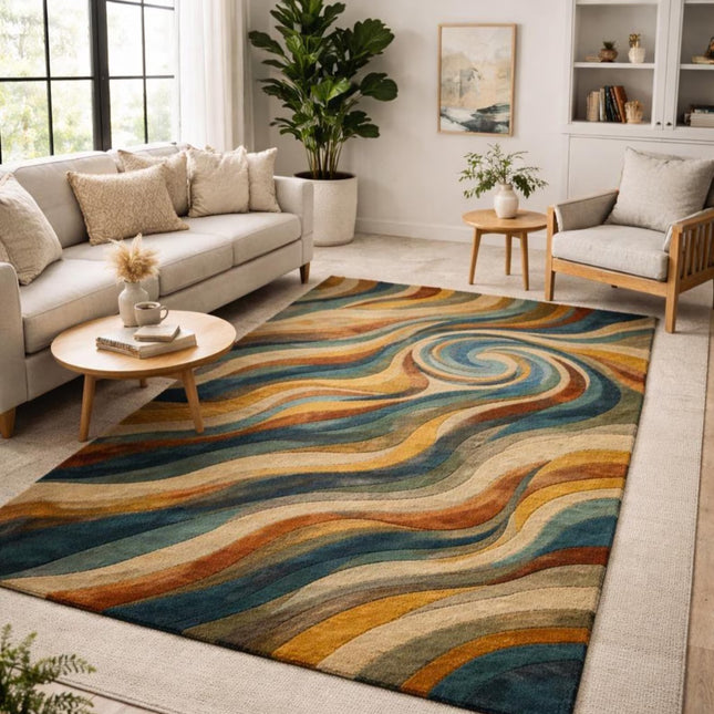 Abstract Swirl Hand-Tufted Wool Rug, Multicolor Modern Designer Area Carpet