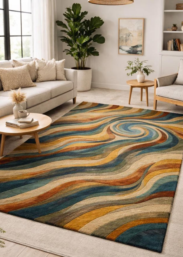 Abstract Swirl Hand-Tufted Wool Rug, Multicolor Modern Designer Area Carpet
