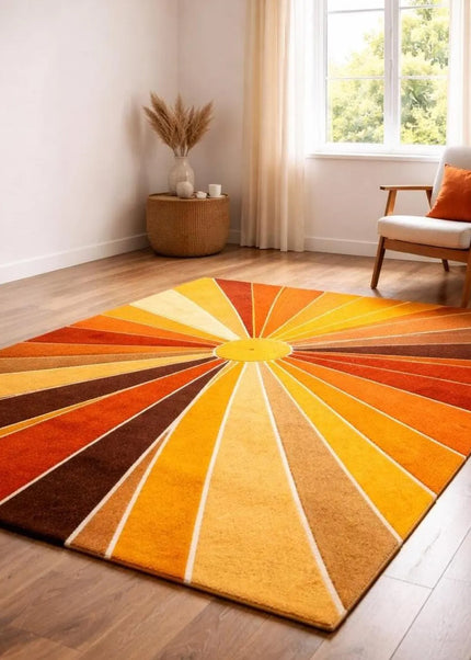 Mid Century Sunburst Area Rug, Hand Tufted Wool Abstract Retro Rug