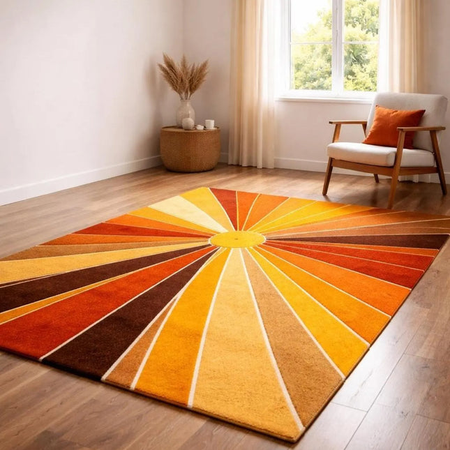 Mid Century Sunburst Area Rug, Hand Tufted Wool Abstract Retro Rug