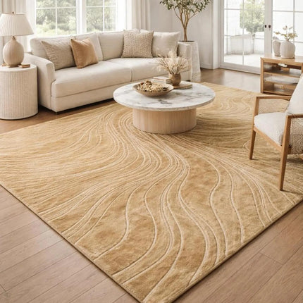 Modern Beige Wave Hand Tufted Wool Rug, Abstract Area Rug for Living Room & Bedroom
