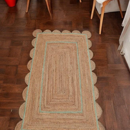 Handmade Pale Green Scalloped Jute Rug: Eco-Friendly Bohemian Runner