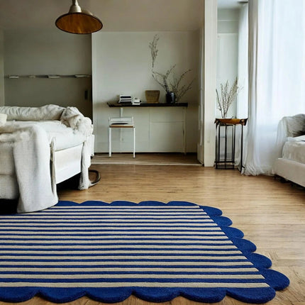 Hand Tufted Scalloped Wool Rug: Modern Blue Striped Area Rug
