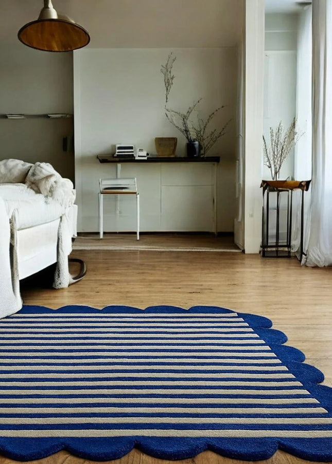 Hand Tufted Scalloped Wool Rug: Modern Blue Striped Area Rug