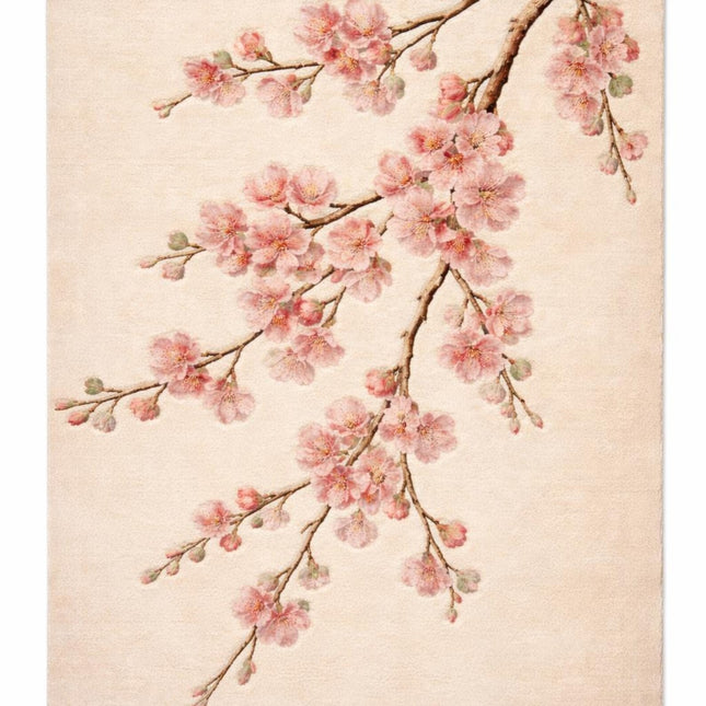 Hand-Tufted Wool Rug, Soft Pink Cherry Blossom Floral Design