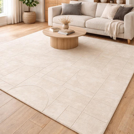 Hand Tufted Solid Beige Wool Area Rug, Abstract Modern Minimalist Interior