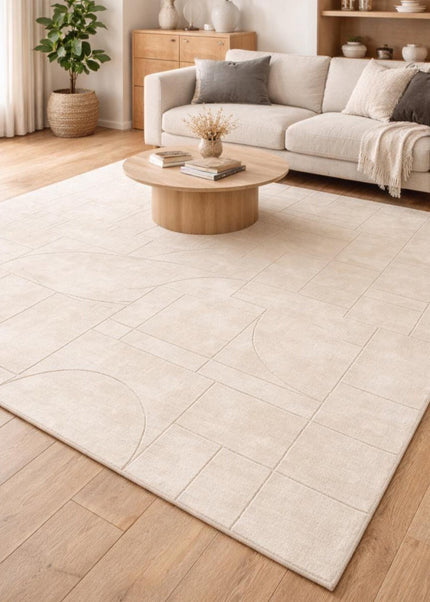 Hand Tufted Solid Beige Wool Area Rug, Abstract Modern Minimalist Interior