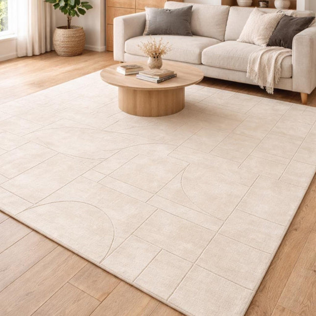 Hand Tufted Solid Beige Wool Area Rug, Abstract Modern Minimalist Interior
