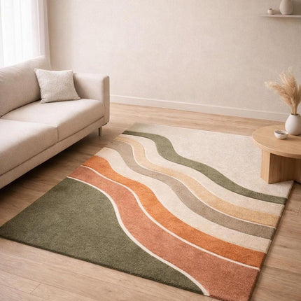 Hand Tufted Wool Rug, Abstract Wave Earth Tones, Contemporary Decor