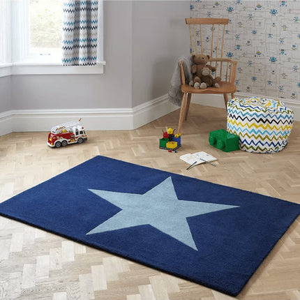 Handmade Wool Star Rug: Navy Blue Kids Playmat
