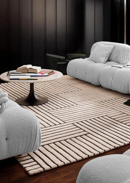 Black Striped Hand-Tufted Wool Rug: 8x10 Minimalist Decor