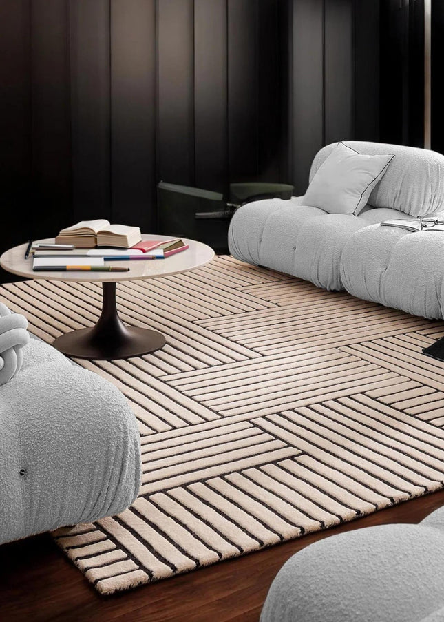 Black Striped Hand-Tufted Wool Rug: 8x10 Minimalist Decor