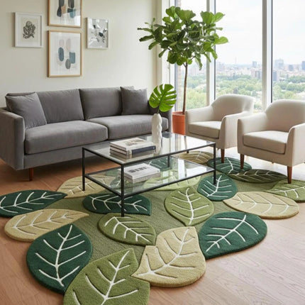 Hand Tufted Wool Leaf Rug, Earthy Green Modern Organic Living Room Area Carpet