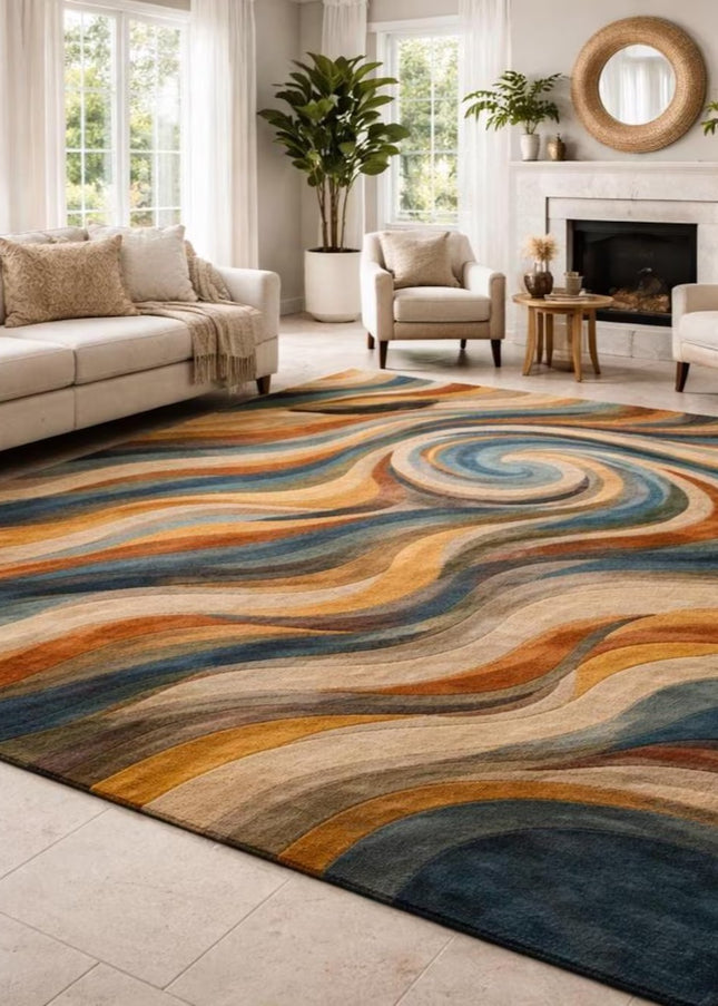 Abstract Swirl Hand-Tufted Wool Rug, Multicolor Modern Designer Area Carpet