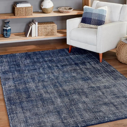 Handwoven Denim Blue Wool Rug: Minimalist Bohemian Decor