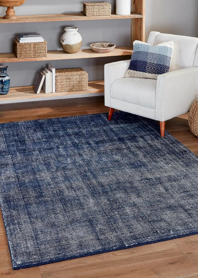 Handwoven Denim Blue Wool Rug: Minimalist Bohemian Decor
