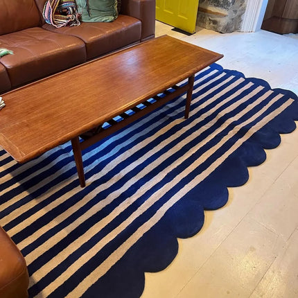 Hand Tufted Scalloped Wool Rug: Modern Blue Striped Area Rug