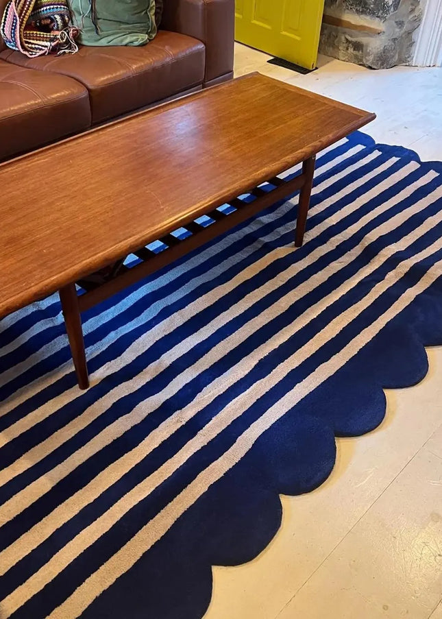 Hand Tufted Scalloped Wool Rug: Modern Blue Striped Area Rug