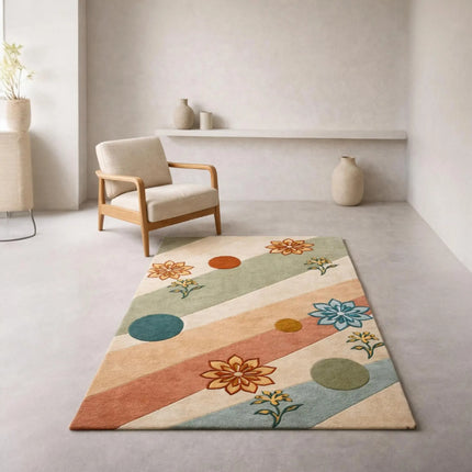 Modern Floral Geometric Hand-Tufted Wool Rug, Multicolor Abstract Designer Area Carpet