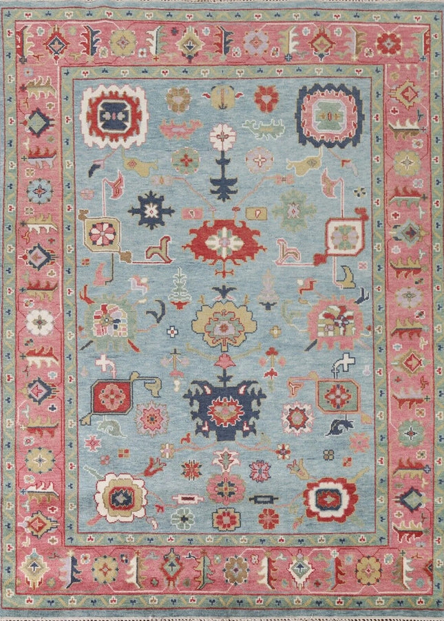 Hand Knotted Pink & Blue Oushak Wool Rug: 9x12 Vintage Floral Carpet