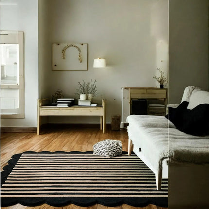 Hand Tufted Scalloped Wool Rug: Modern Blue Striped Area Rug