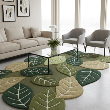 Hand Tufted Wool Leaf Rug, Earthy Green Modern Organic Living Room Area Carpet