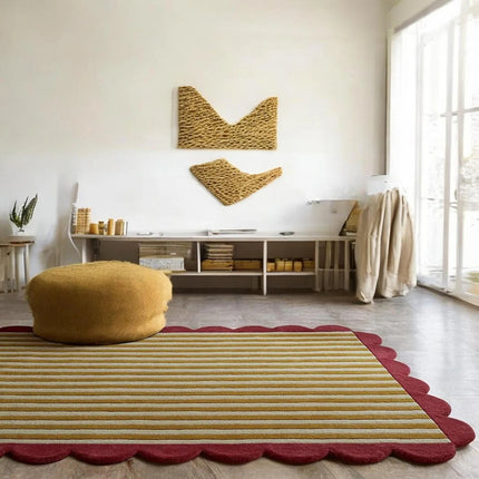 Hand Tufted Scalloped Wool Rug: Modern Blue Striped Area Rug