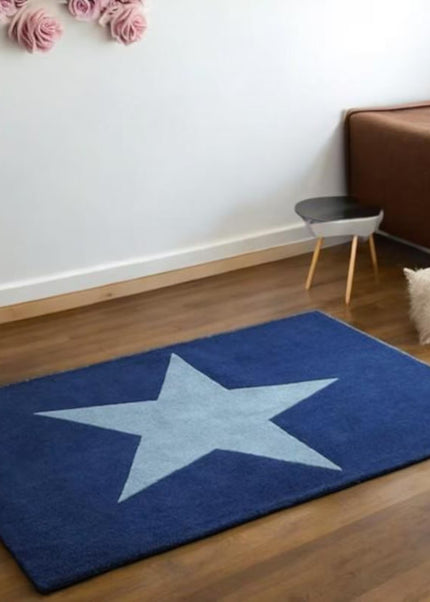 Handmade Wool Star Rug: Navy Blue Kids Playmat