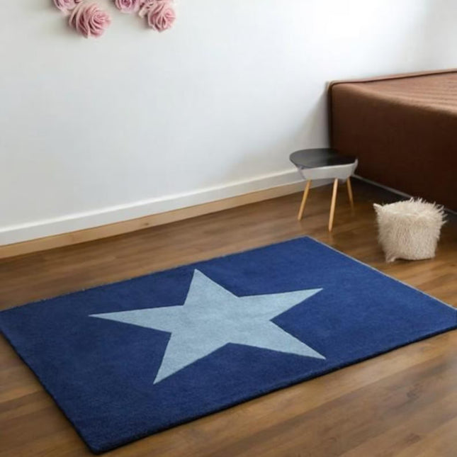 Handmade Wool Star Rug: Navy Blue Kids Playmat