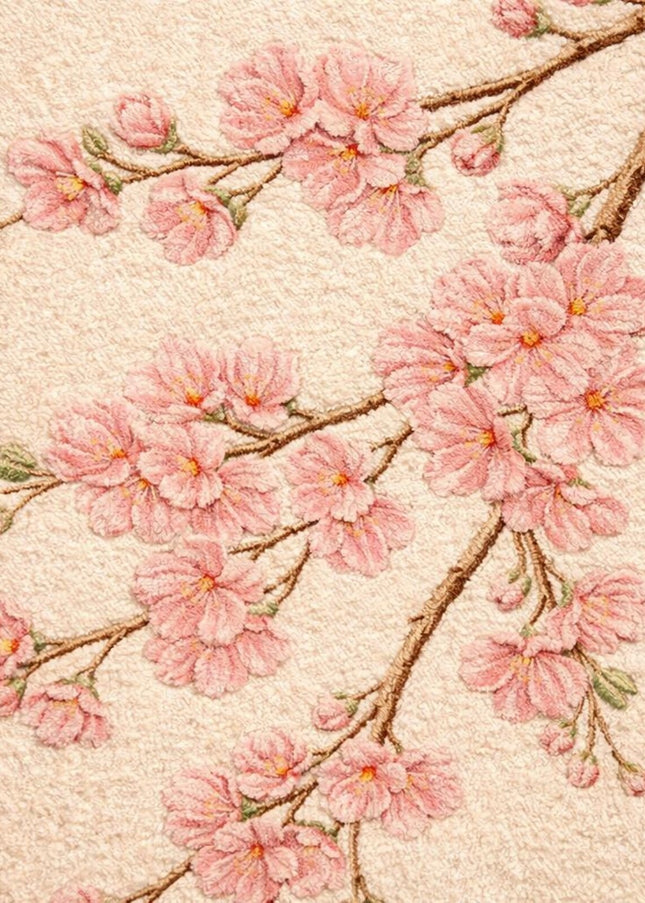 Hand-Tufted Wool Rug, Soft Pink Cherry Blossom Floral Design