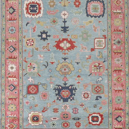 Hand Knotted Pink & Blue Oushak Wool Rug: 9x12 Vintage Floral Carpet