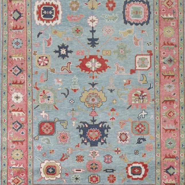 Hand Knotted Pink & Blue Oushak Wool Rug: 9x12 Vintage Floral Carpet