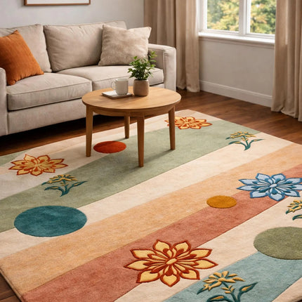 Modern Floral Geometric Hand-Tufted Wool Rug, Multicolor Abstract Designer Area Carpet
