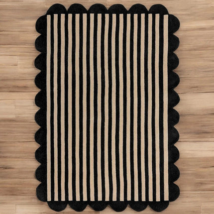 Hand Tufted Scalloped Wool Rug: Modern Blue Striped Area Rug