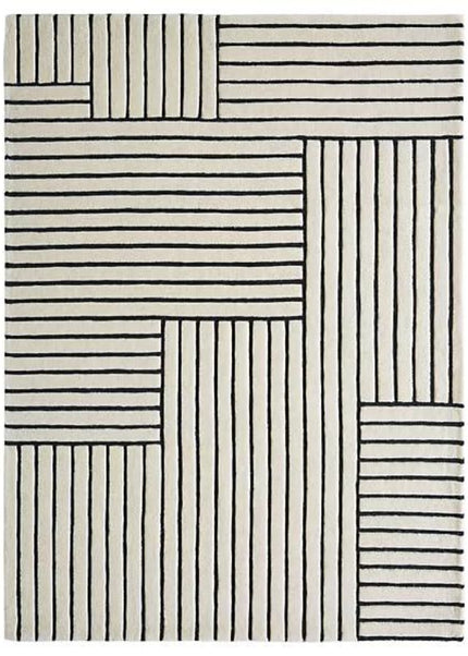 Black Striped Hand-Tufted Wool Rug: 8x10 Minimalist Decor