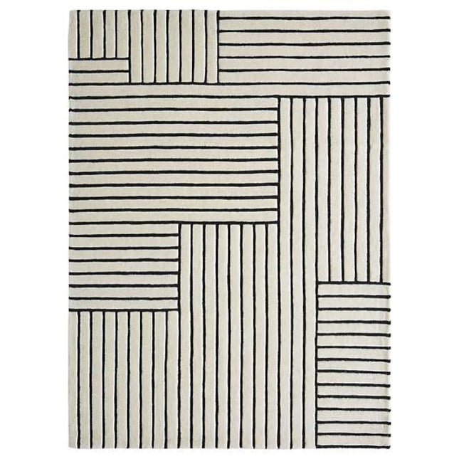 Black Striped Hand-Tufted Wool Rug: 8x10 Minimalist Decor