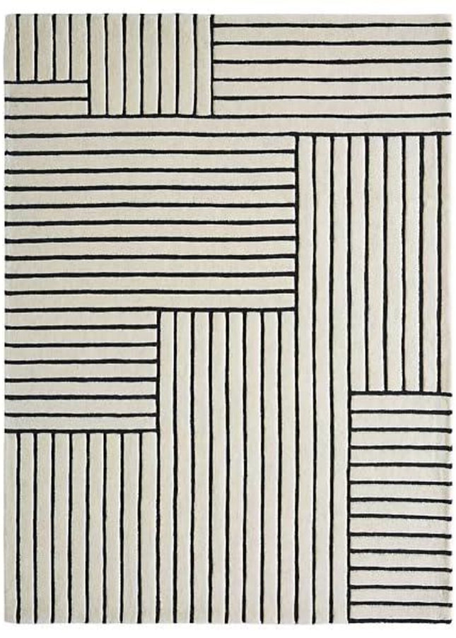 Black Striped Hand-Tufted Wool Rug: 8x10 Minimalist Decor