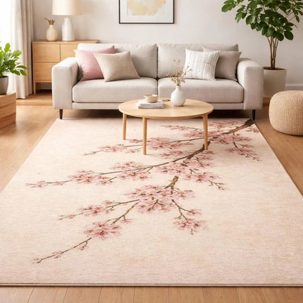 Hand-Tufted Wool Rug, Soft Pink Cherry Blossom Floral Design