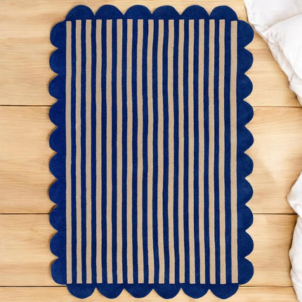 Hand Tufted Scalloped Wool Rug: Modern Blue Striped Area Rug