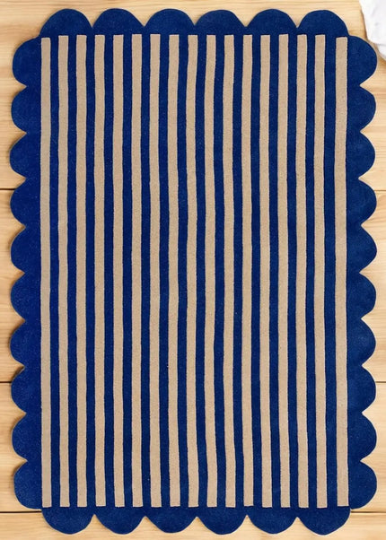 Hand Tufted Scalloped Wool Rug: Modern Blue Striped Area Rug
