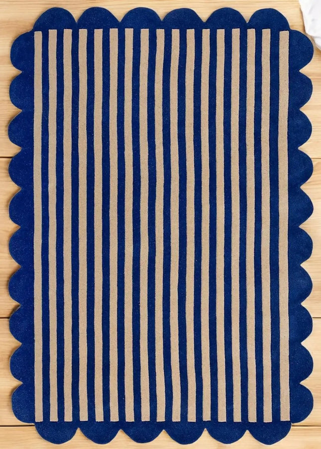 Hand Tufted Scalloped Wool Rug: Modern Blue Striped Area Rug
