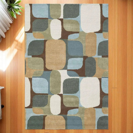 Handmade Tufted Wool Rug 8x10: Muted Green Abstract Design